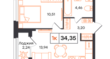 1-к. квартира, 34 м²