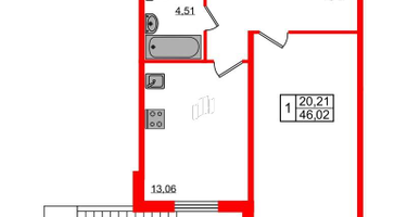 1-к. квартира, 46&nbsp;м²
