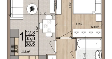 1-к. квартира, 38&nbsp;м²