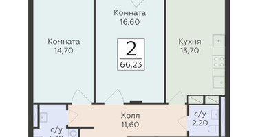 2-к. квартира, 66&nbsp;м²
