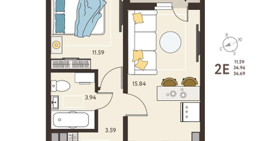 1-к. квартира, 36&nbsp;м²