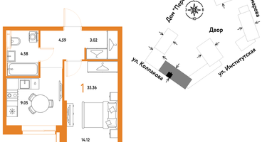 1-к. квартира, 35 м²