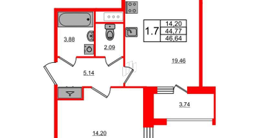 1-к. квартира, 44 м²
