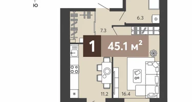 1-к. квартира, 45 м²