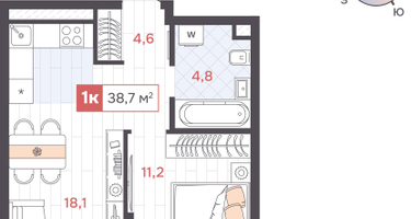1-к. квартира, 38&nbsp;м²