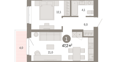 1-к. квартира, 47 м²