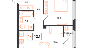1-к. квартира, 42 м²
