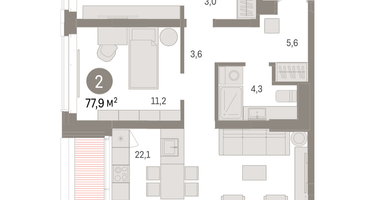 2-к. квартира, 77 м²
