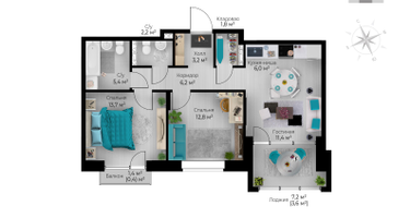 2-к. квартира, 69&nbsp;м²