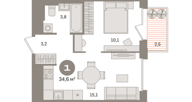 1-к. квартира, 34 м²
