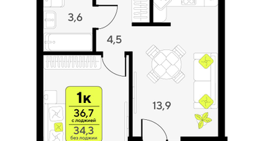 1-к. квартира, 36&nbsp;м²