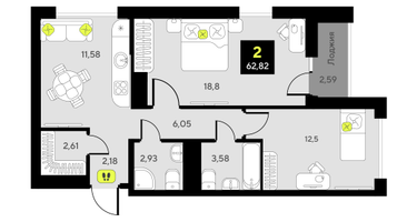 2-к. квартира, 62&nbsp;м²