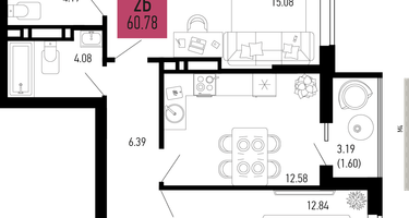 2-к. квартира, 60&nbsp;м²