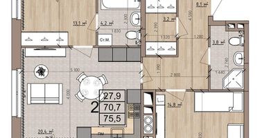 2-к. квартира, 75&nbsp;м²
