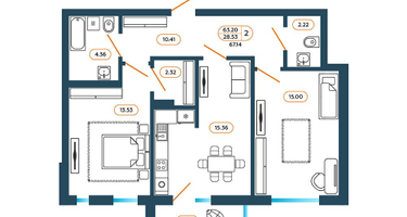 2-к. квартира, 68&nbsp;м²