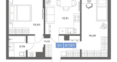 2-к. квартира, 57&nbsp;м²