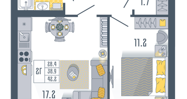 2-к. квартира, 42&nbsp;м²