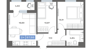 2-к. квартира, 57&nbsp;м²