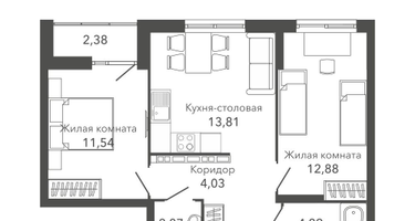 2-к. квартира, 57&nbsp;м²