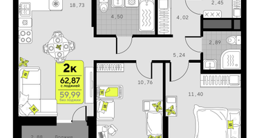 2-к. квартира, 62&nbsp;м²