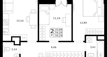2-к. квартира, 55&nbsp;м²