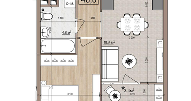 1-к. квартира, 48&nbsp;м²