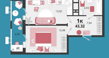 1-к. квартира, 39&nbsp;м²