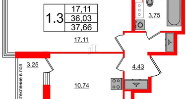 1-к. квартира, 36 м²