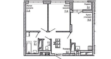 2-к. квартира, 55&nbsp;м²