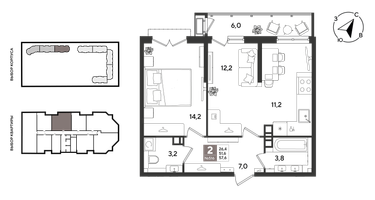 2-к. квартира, 57&nbsp;м²