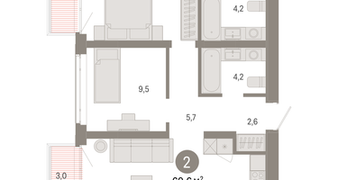 2-к. квартира, 69 м²