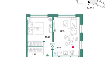 2-к. квартира, 38&nbsp;м²