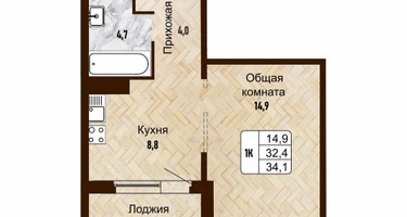 1-к. квартира, 34&nbsp;м²