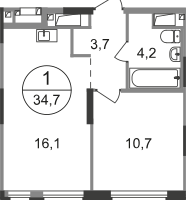 1-к. квартира, 34 м²
