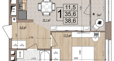 1-к. квартира, 38 м²