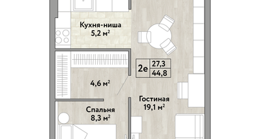 1-к. квартира, 44&nbsp;м²