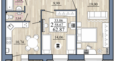 2-к. квартира, 62&nbsp;м²