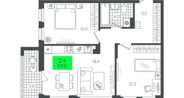 2-к. квартира, 59&nbsp;м²
