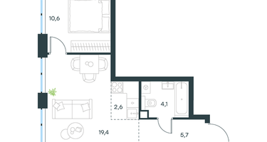 2-к. квартира, 42&nbsp;м²