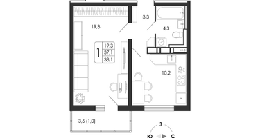 1-к. квартира, 38&nbsp;м²