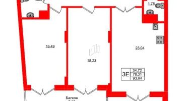 2-к. квартира, 93&nbsp;м²