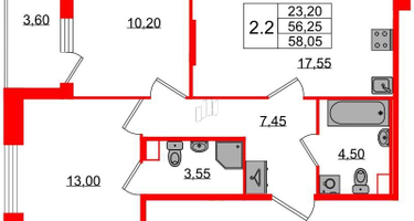 2-к. квартира, 56 м²