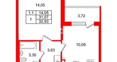 1-к. квартира, 31 м²