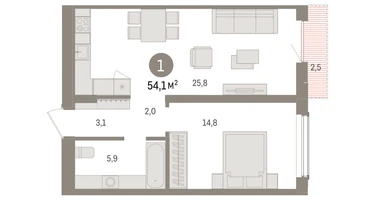 1-к. квартира, 54&nbsp;м²