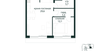 1-к. квартира, 57 м²