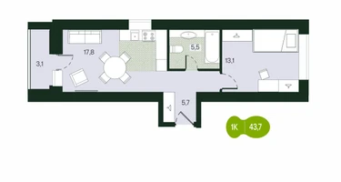 1-к. квартира, 43&nbsp;м²