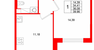 1-к. квартира, 36&nbsp;м²