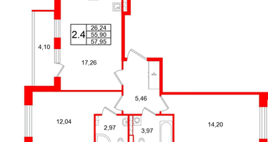 2-к. квартира, 55&nbsp;м²