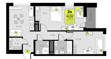 2-к. квартира, 62 м²
