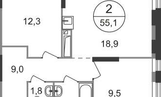 2-к. квартира, 55&nbsp;м²